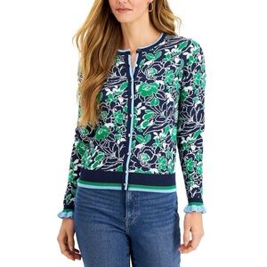 Charter Club Floral Cardigan Size XL Gold Button Ruffle Cuff Preppy Country Club